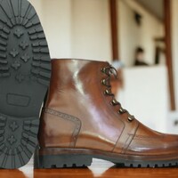 Handmade Men's Brown Leather  Ankle High ,Zipper Lace up Boot ,Wing tip Boot - Thumbnail 2