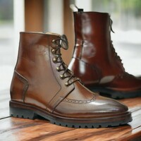 Handmade Men's Brown Leather  Ankle High ,Zipper Lace up Boot ,Wing tip Boot - Thumbnail 3