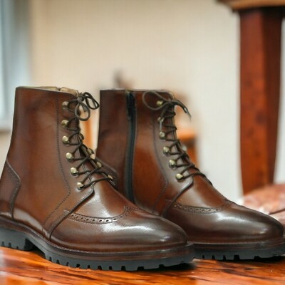 Handmade men's brown leather  ankle high ,zipper lace up boot ,wing tip boot