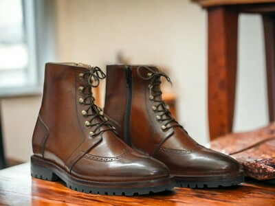 Handmade Men's Brown Leather  Ankle High ,Zipper Lace up Boot ,Wing tip Boot
