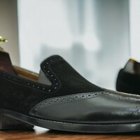 Handmade Men's Black Leather And Suede Shoes ,Brogue Toe Designer Shoes - Thumbnail 2