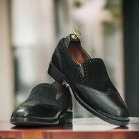 Handmade Men's Black Leather And Suede Shoes ,Brogue Toe Designer Shoes - Thumbnail 1