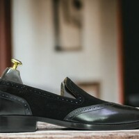 Handmade Men's Black Leather And Suede Shoes ,Brogue Toe Designer Shoes - Thumbnail 3