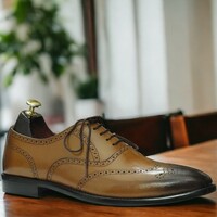 Handmade Men's Two Shaded Brown Leather Shoes ,Lace up Brogue Toe Shoes - Thumbnail 1