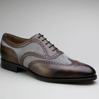 Handmade Premium Edition Brown Calf Leather With Gray Suede Wingtip Formal Shoes Mens Lace Up Oxford Shoes - Thumbnail 1