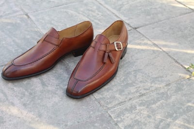 Crafted Leather Handmade Classic Brown Leather Tassel Monk Strap Loafers Style Dress Shoes