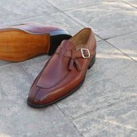 Crafted Leather Handmade Classic Brown Leather Tassel Monk Strap Loafers Style Dress Shoes - Thumbnail 2