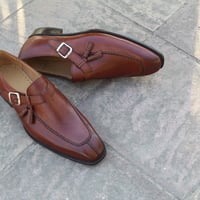 Crafted Leather Handmade Classic Brown Leather Tassel Monk Strap Loafers Style Dress Shoes - Thumbnail 3