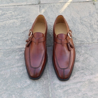 Crafted Leather Handmade Classic Brown Leather Tassel Monk Strap Loafers Style Dress Shoes - Thumbnail 5