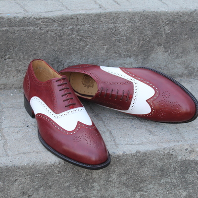 Crafted leather men's oxford wingtips white and burgundy leather brogue dress shoes - Thumbnail 5