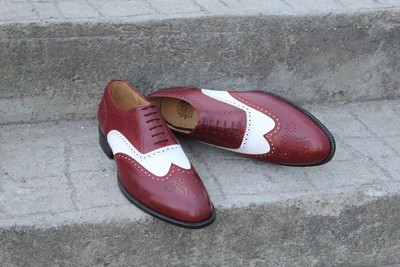 Crafted Leather Men's Oxford Wingtips White and Burgundy Leather Brogue Dress Shoes