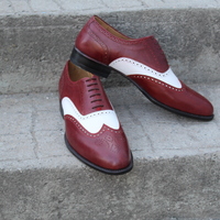 Crafted Leather Men's Oxford Wingtips White and Burgundy Leather Brogue Dress Shoes - Thumbnail 1