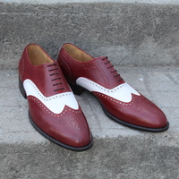 Crafted Leather Men's Oxford Wingtips White and Burgundy Leather Brogue Dress Shoes - Thumbnail 2