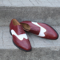 Crafted Leather Men's Oxford Wingtips White and Burgundy Leather Brogue Dress Shoes - Thumbnail 4