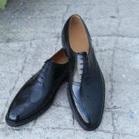Crafted Leather Black Calf Leather Wingtip Oxford Lace up Dress Shoes - Thumbnail 1
