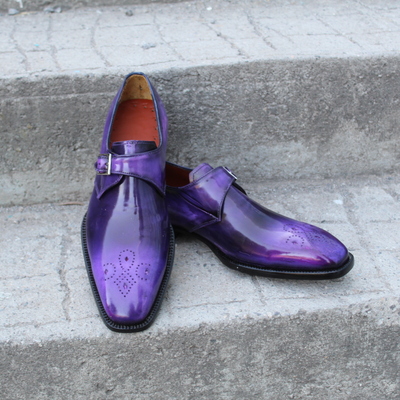 Crafted leather classic purple patina leather monk strap dress shoes - Thumbnail 4