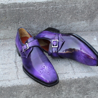 Crafted Leather Classic Purple Patina Leather Monk Strap Dress Shoes - Thumbnail 4