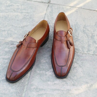 Crafted leather designer handmade unique brown leather monk strap dress shoes - Thumbnail 3