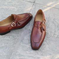 Crafted Leather Designer Handmade Unique Brown Leather Monk Strap Dress Shoes - Thumbnail 1