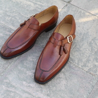 Crafted Leather Designer Handmade Unique Brown Leather Monk Strap Dress Shoes - Thumbnail 2