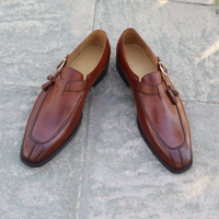 Crafted Leather Designer Handmade Unique Brown Leather Monk Strap Dress Shoes - Thumbnail 5
