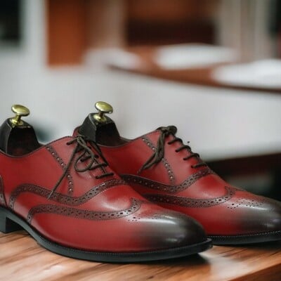 Handmade men's two shaded burgundy leather shoes ,lace up dress oxford shoes