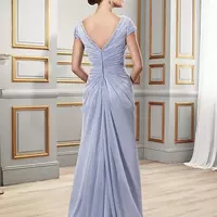 V Neck Chiffon Sheath Mother Of The Bride /Groom Dress With Ruched and Beads Wedding Guest Dress Vestidos - Thumbnail 1