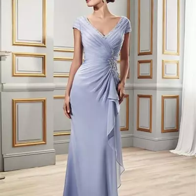 V neck chiffon sheath mother of the bride /groom dress with ruched and beads wedding guest dress vestidos