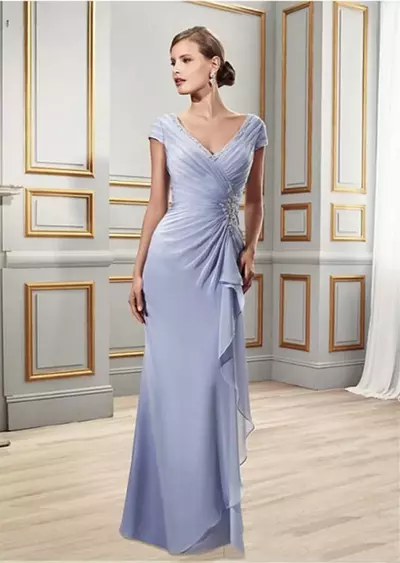 V Neck Chiffon Sheath Mother Of The Bride /Groom Dress With Ruched and Beads Wedding Guest Dress Vestidos