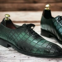 Handmade Men's  Two Tone Sea Green Leather Shoes ,Alligator lace up Dress Shoes - Thumbnail 3