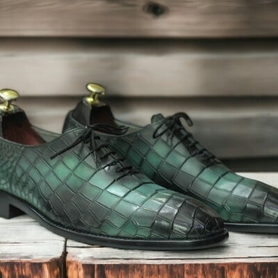 Handmade men's  two tone sea green leather shoes ,alligator lace up dress shoes
