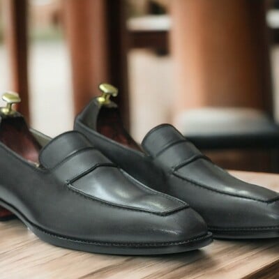 Handmade men's black leather shoes ,penny loafer casual shoes
