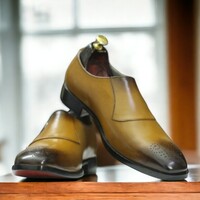 Handmade Men's Two Tone Tan Leather Shoes ,Brogue Toe Buckle Shoes - Thumbnail 2