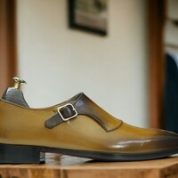 Handmade Men's Two Tone Tan Leather Shoes ,Brogue Toe Buckle Shoes - Thumbnail 3