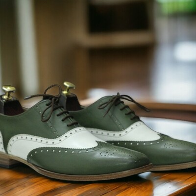 Handmade men's white and green leather shoes ,lace up ,brogue toe shoes