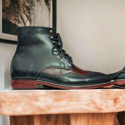Handmade ankle high two tone wing tip lace up leather boot for men's - Thumbnail 1
