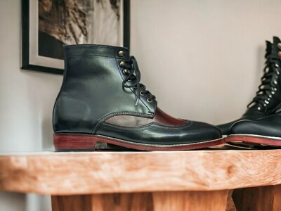 Handmade Ankle High Two Tone Wing Tip Lace Up Leather Boot For Men's