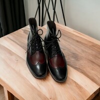 Handmade Ankle High Two Tone Wing Tip Lace Up Leather Boot For Men's - Thumbnail 2