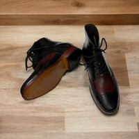 Handmade Ankle High Two Tone Wing Tip Lace Up Leather Boot For Men's - Thumbnail 3