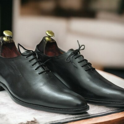 Handmade men's black lather shoes ,whole cut dress shoes - Thumbnail 3