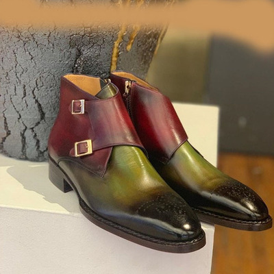 Handmade burgundy light green leather boot, men's double monk strap brogue boot