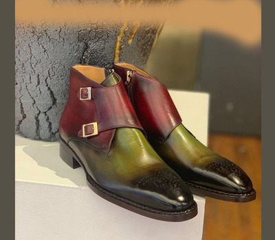 Handmade Burgundy Light Green Leather Boot, Men's Double Monk Strap Brogue Boot