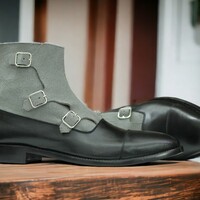 Handmade Men's Black and Gray Leather and Suede Boot ,Triple Buckle Ankle High Boot  - Thumbnail 1