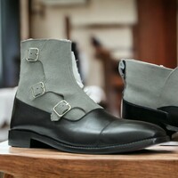 Handmade Men's Black and Gray Leather and Suede Boot ,Triple Buckle Ankle High Boot  - Thumbnail 2