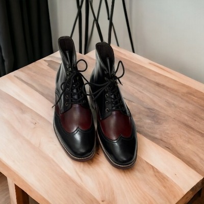 Ankle high black red wing tip leather boot, men's handmade boot