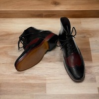 Ankle High Black Red Wing Tip Leather Boot, Men's Handmade Boot - Thumbnail 1