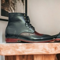 Ankle High Black Red Wing Tip Leather Boot, Men's Handmade Boot - Thumbnail 2