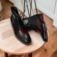 Ankle High Black Red Wing Tip Leather Boot, Men's Handmade Boot - Thumbnail 3