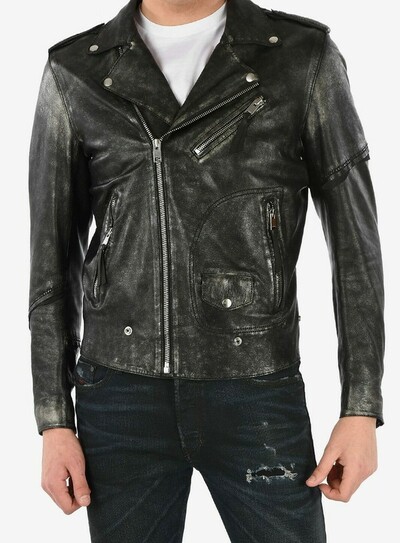 DIESEL men Jackets Sz Xl Black Leather Vintage Effect L-INGRAN Biker Black