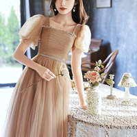 Brown Tulle Short Sleeve Party Dress - Thumbnail 2